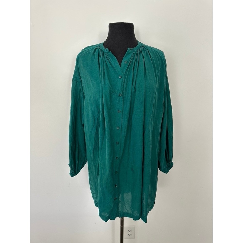 DOEN Jane Blouse Oversized Women Small Emerald Green Button Down Gathered Tunic